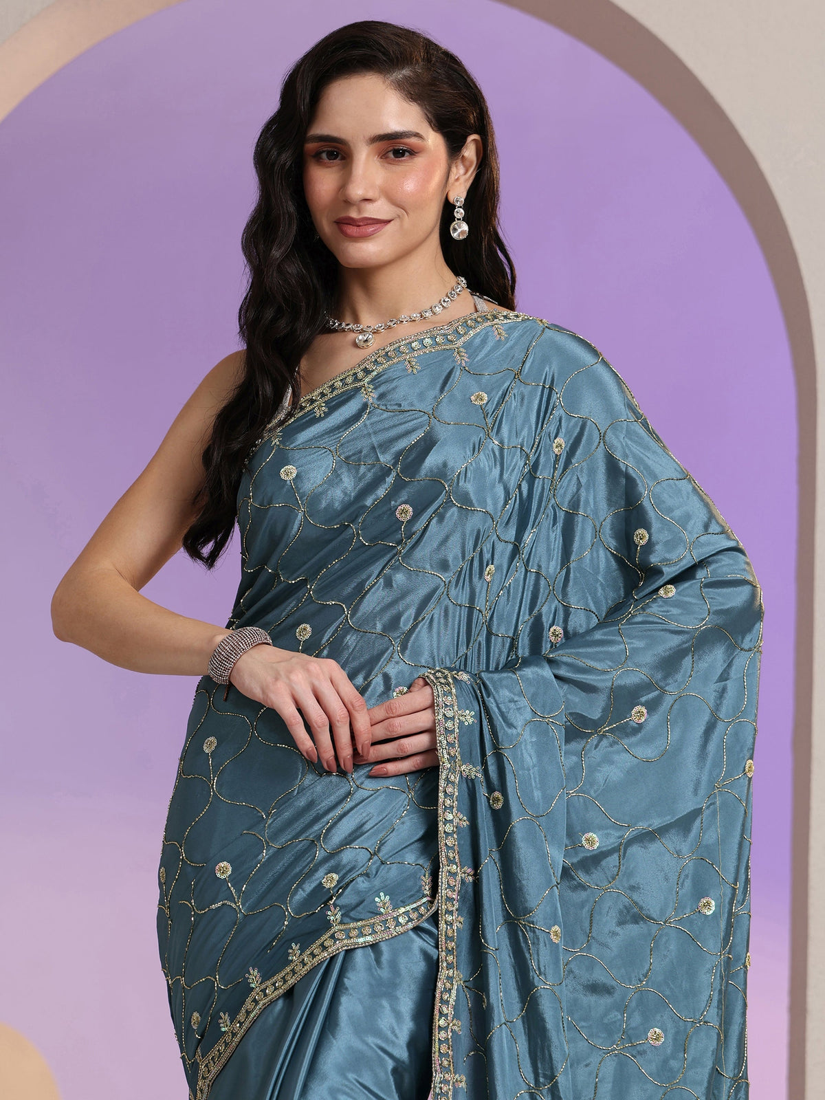Anouk Dusty Blue Embellished Silk Blend Saree