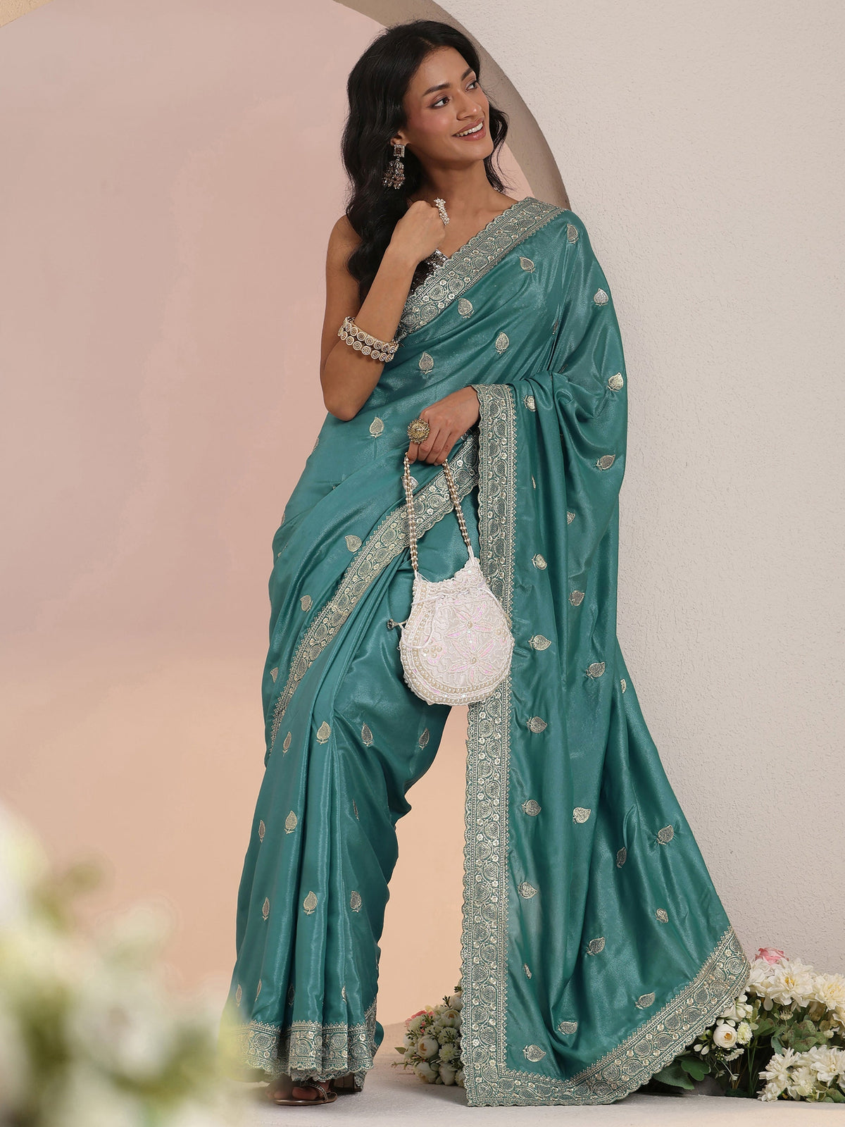 Anouk Dusty Blue Embroidered Silk Blend Saree
