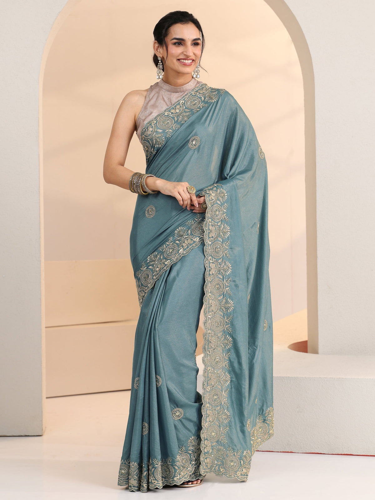 Anouk Dusty Blue Embroidered Silk Blend Saree
