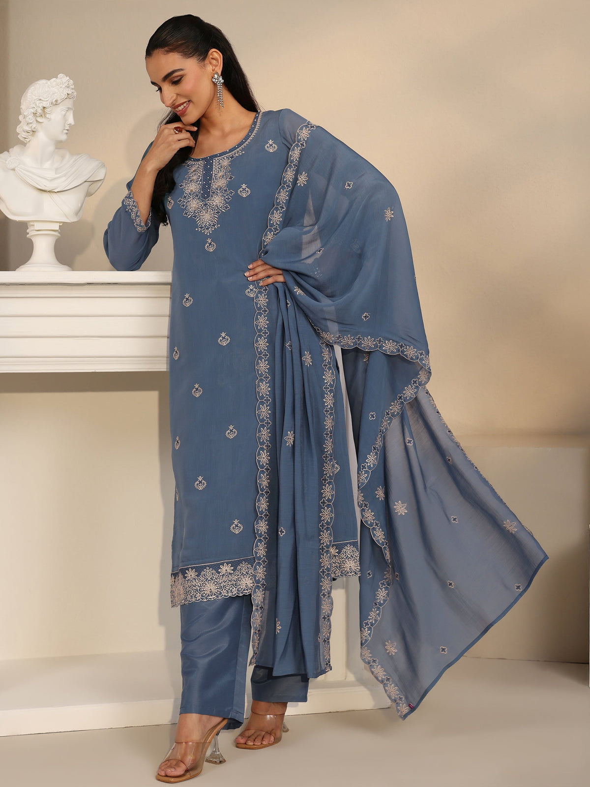 Anouk Dusty Blue Ethnic Embroidered Silk Blend Straight Suit Set