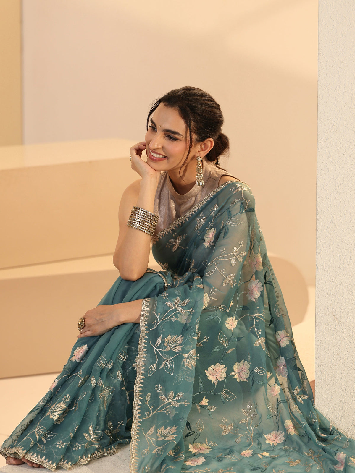 Anouk Dusty Blue Floral Embroidered Chiffon Saree