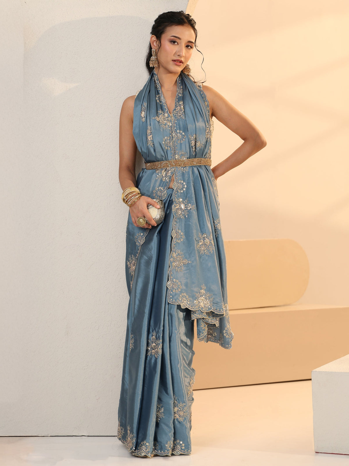 Anouk Dusty Blue Floral Embroidered Silk Saree