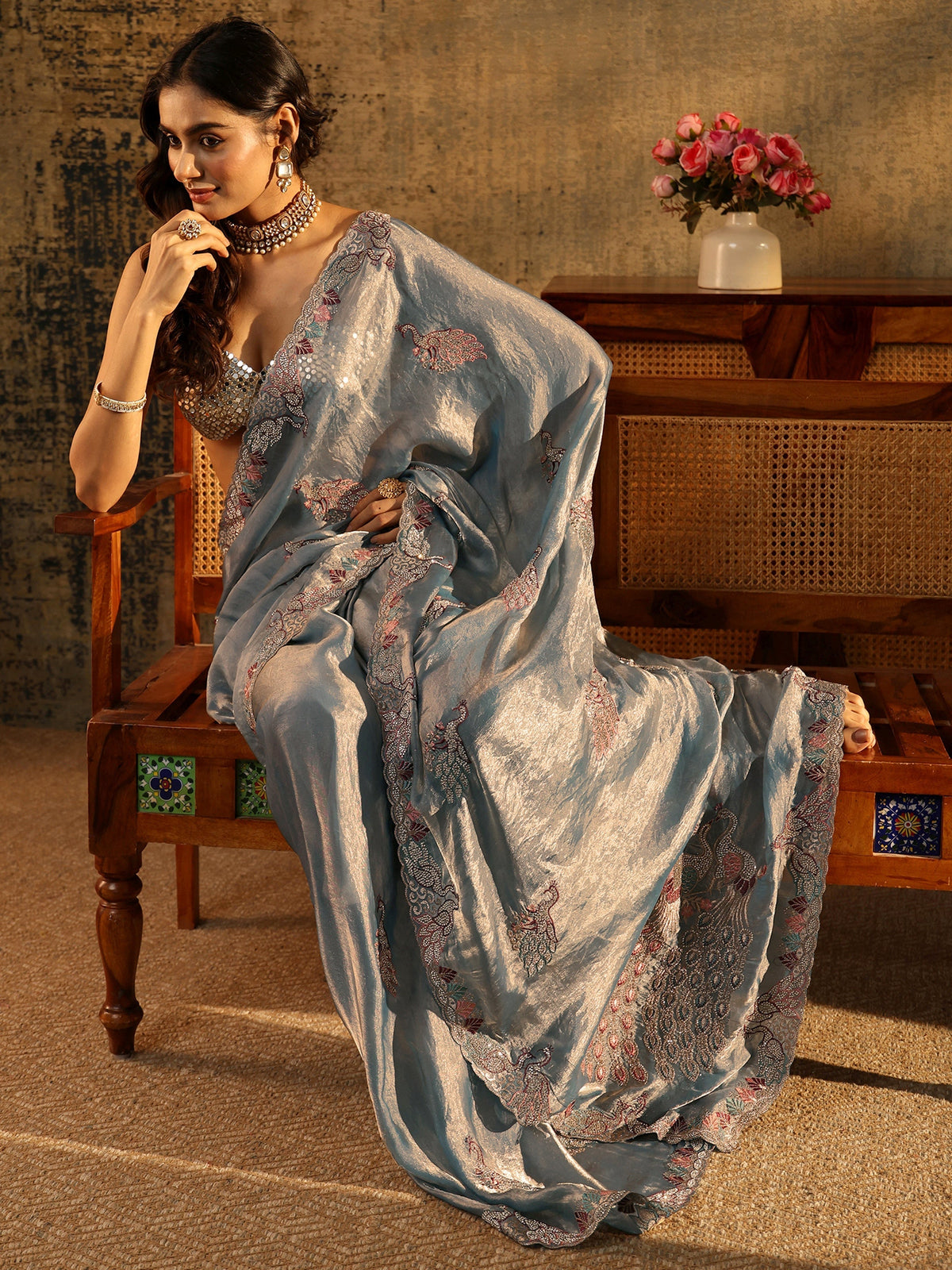 Anouk Dusty Blue Peacock Embellished Tissue Saree