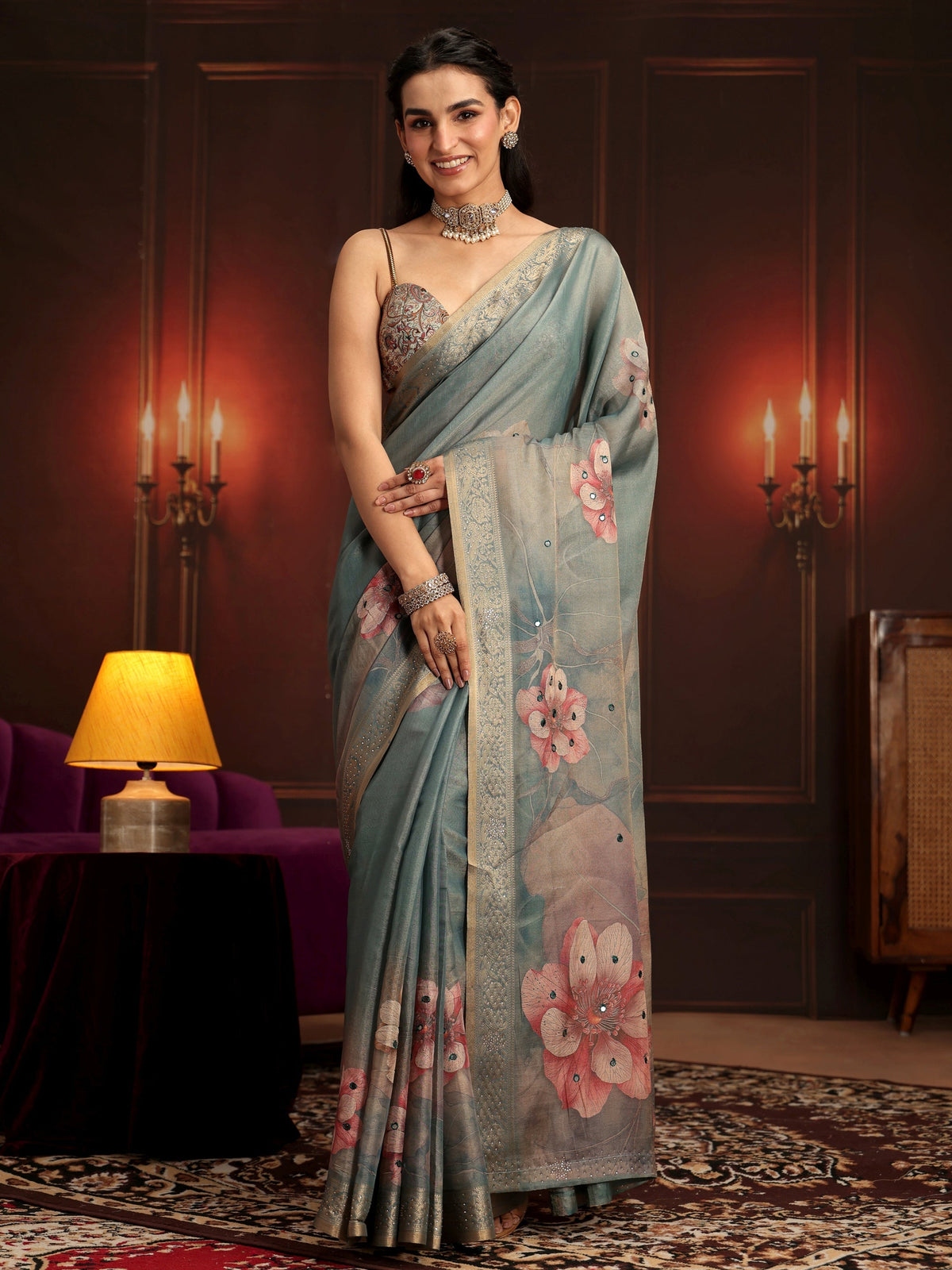 Anouk Dusty Green Floral Printed Silk Blend Saree