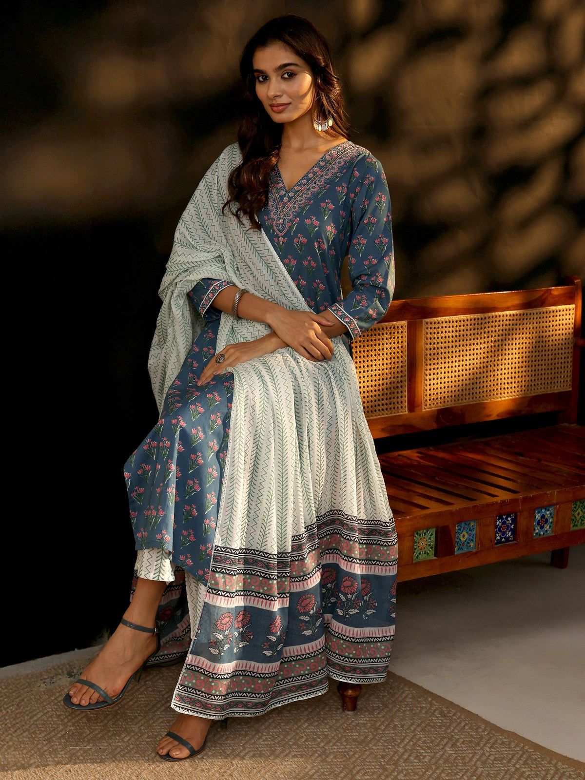 Anouk Dusty Indigo Floral Printed Cotton Straight Suit Set