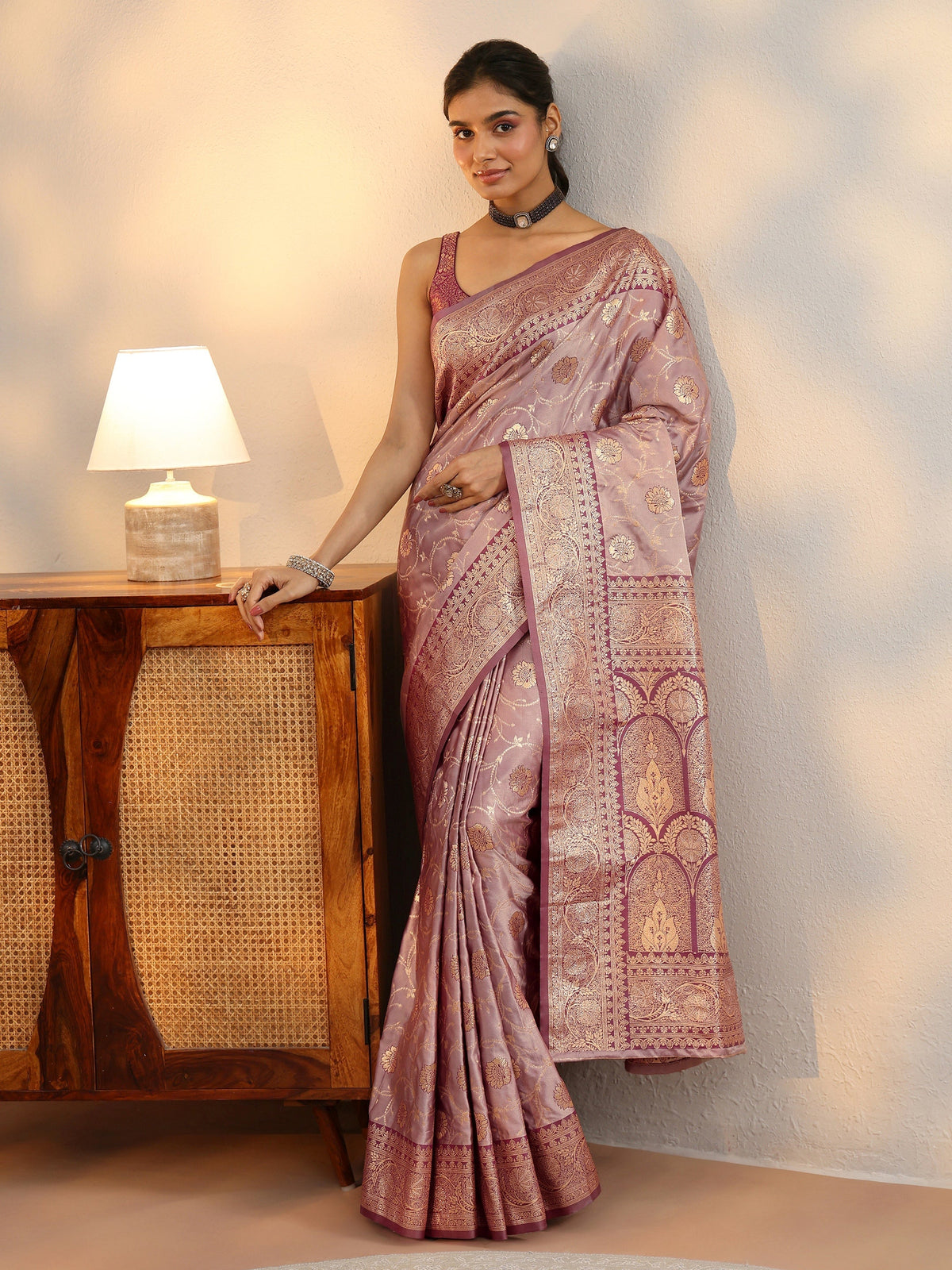 Anouk Dusty Lilac Banarasi Satin Saree