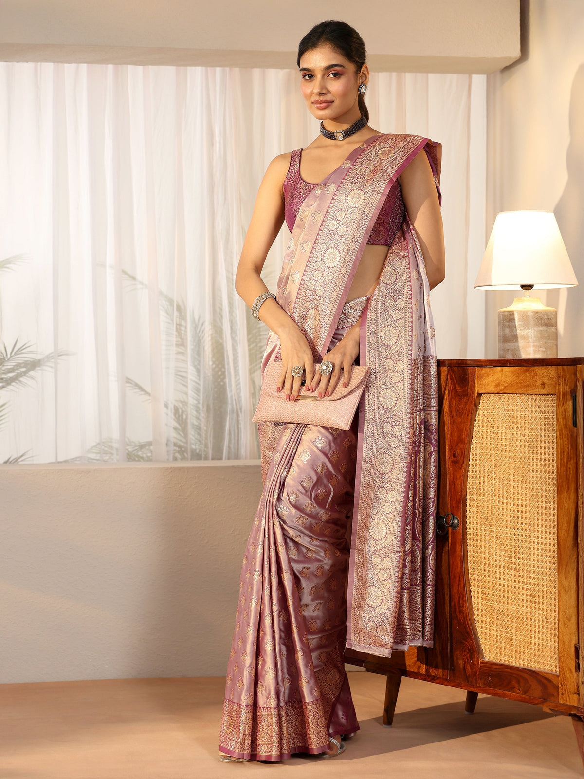 Anouk Dusty Lilac Banarasi Satin Saree