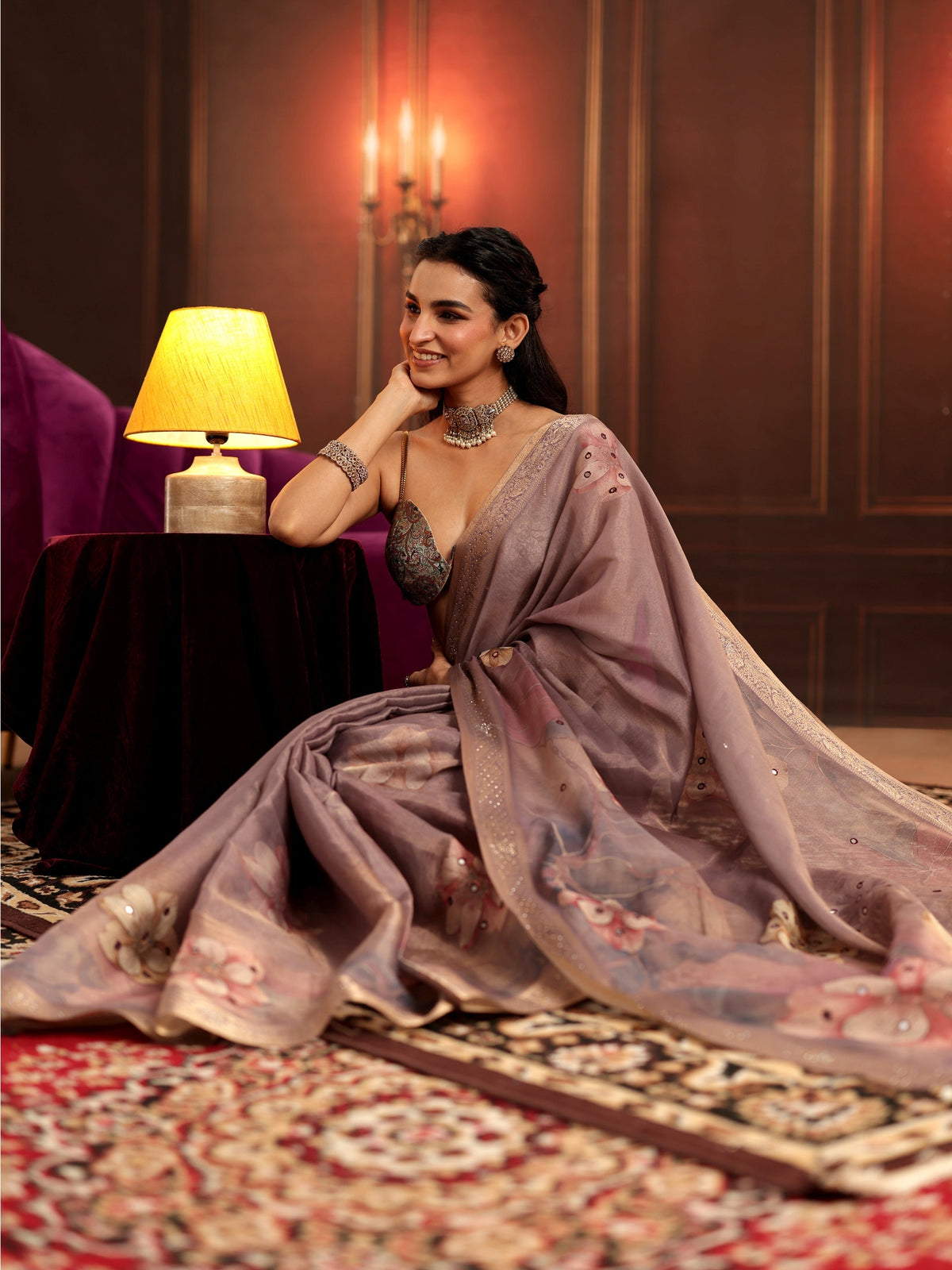 Anouk Dusty Lilac Floral Printed Silk Blend Saree