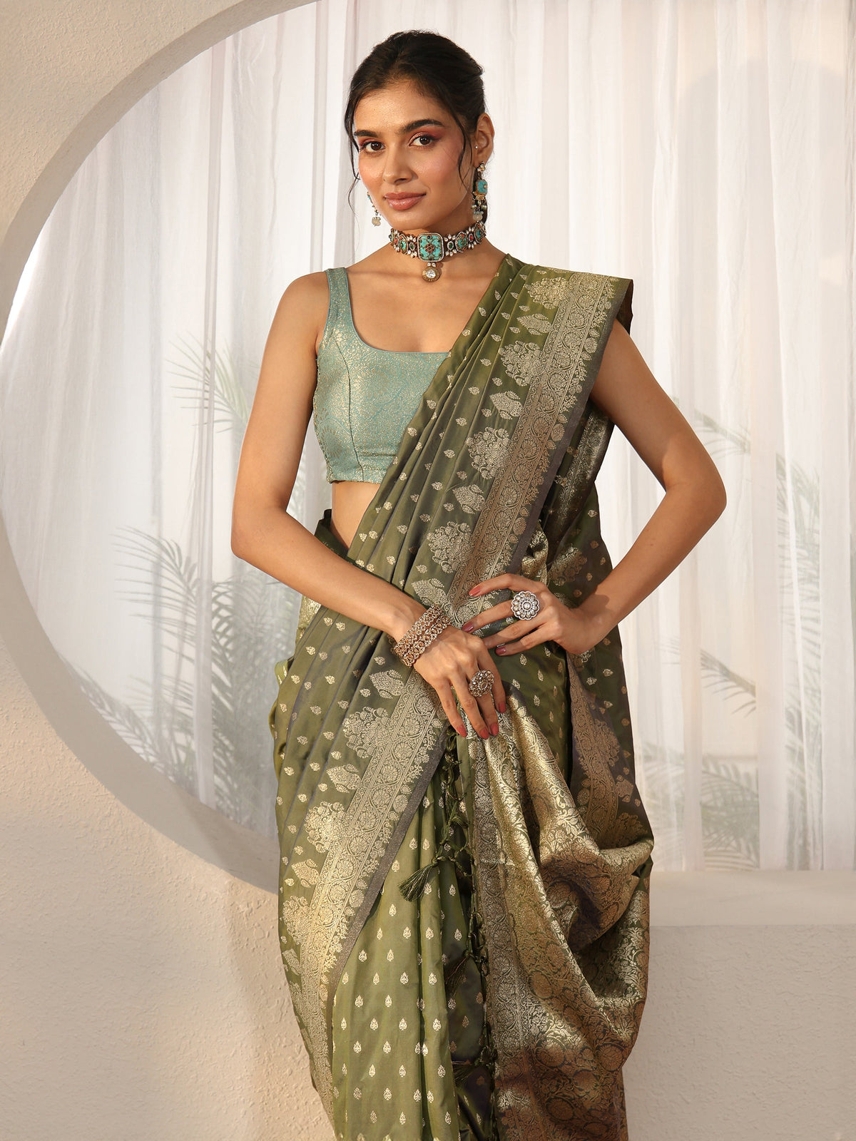 Anouk Dusty Olive Green Banarasi Silk Blend Saree