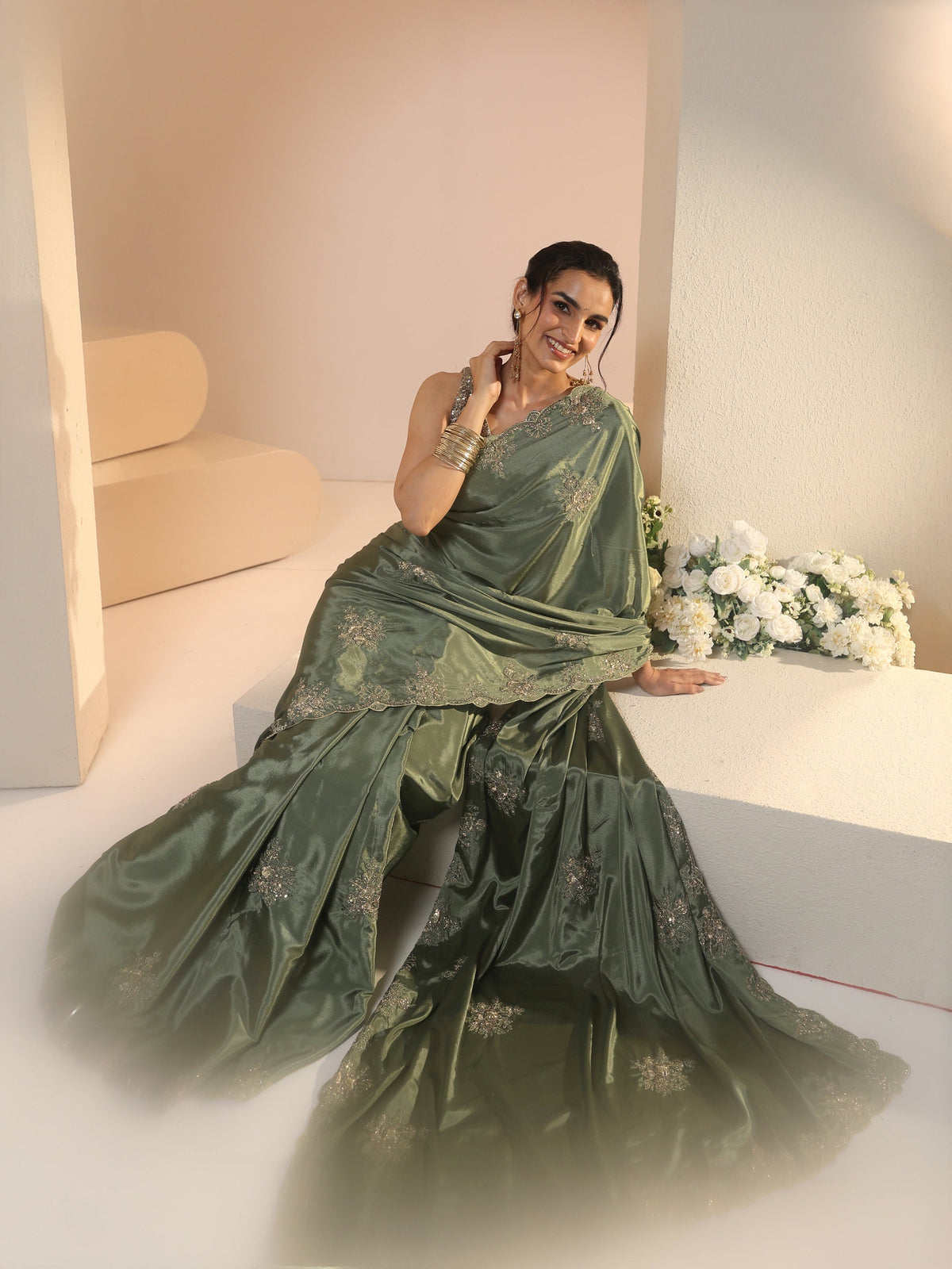 Anouk Dusty Olive Green Floral Embroidered Silk Blend Saree