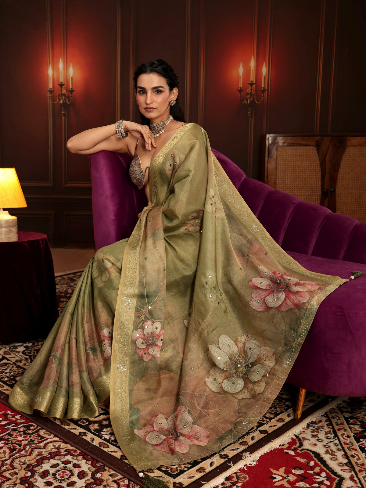 Anouk Dusty Olive Green Floral Printed Silk Blend Saree