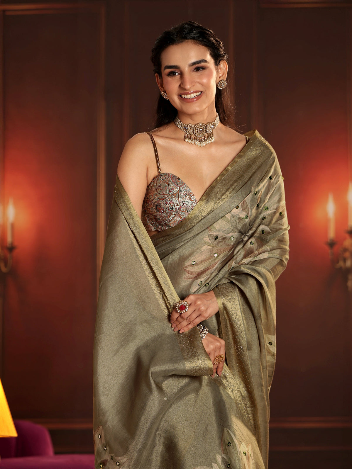 Anouk Dusty Olive Green Floral Printed Silk Blend Saree