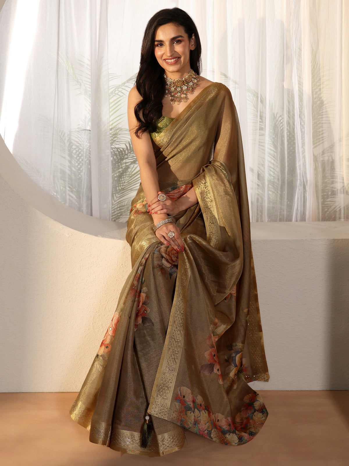 Anouk Dusty Olive Green Floral Printed Silk Blend Saree with Woven Border