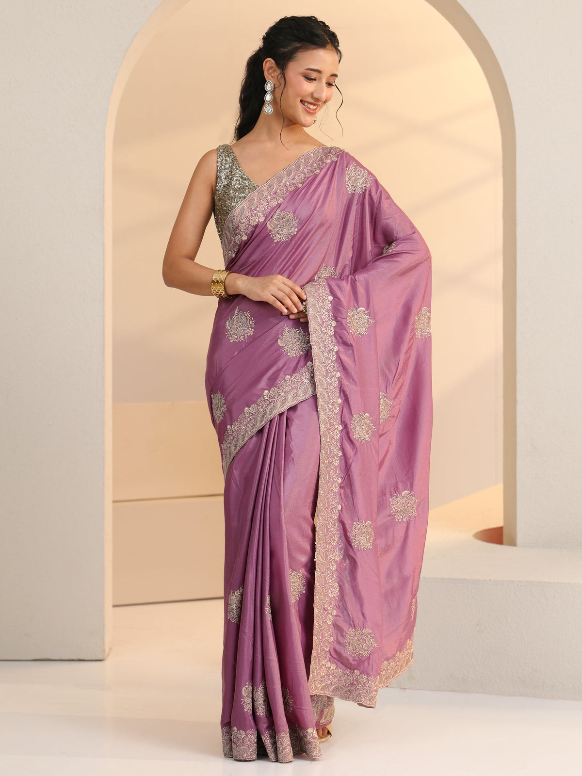 Anouk Dusty Purple Floral Embroidered Silk Blend Saree