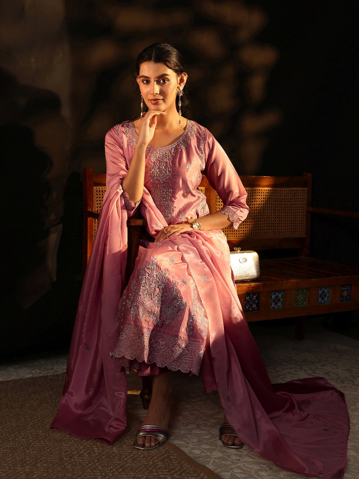 Anouk Dusty Rose Floral Embroidered Organza Straight Suit Set