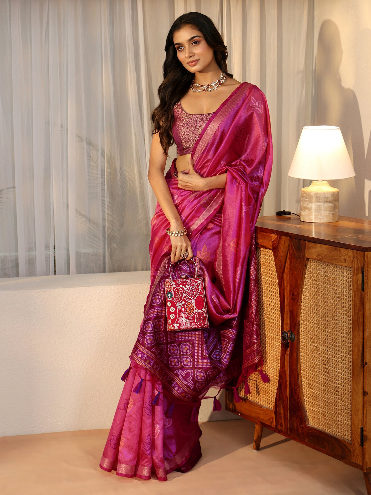 Anouk Dusty Rose Pink Bandhani Silk Blend Saree