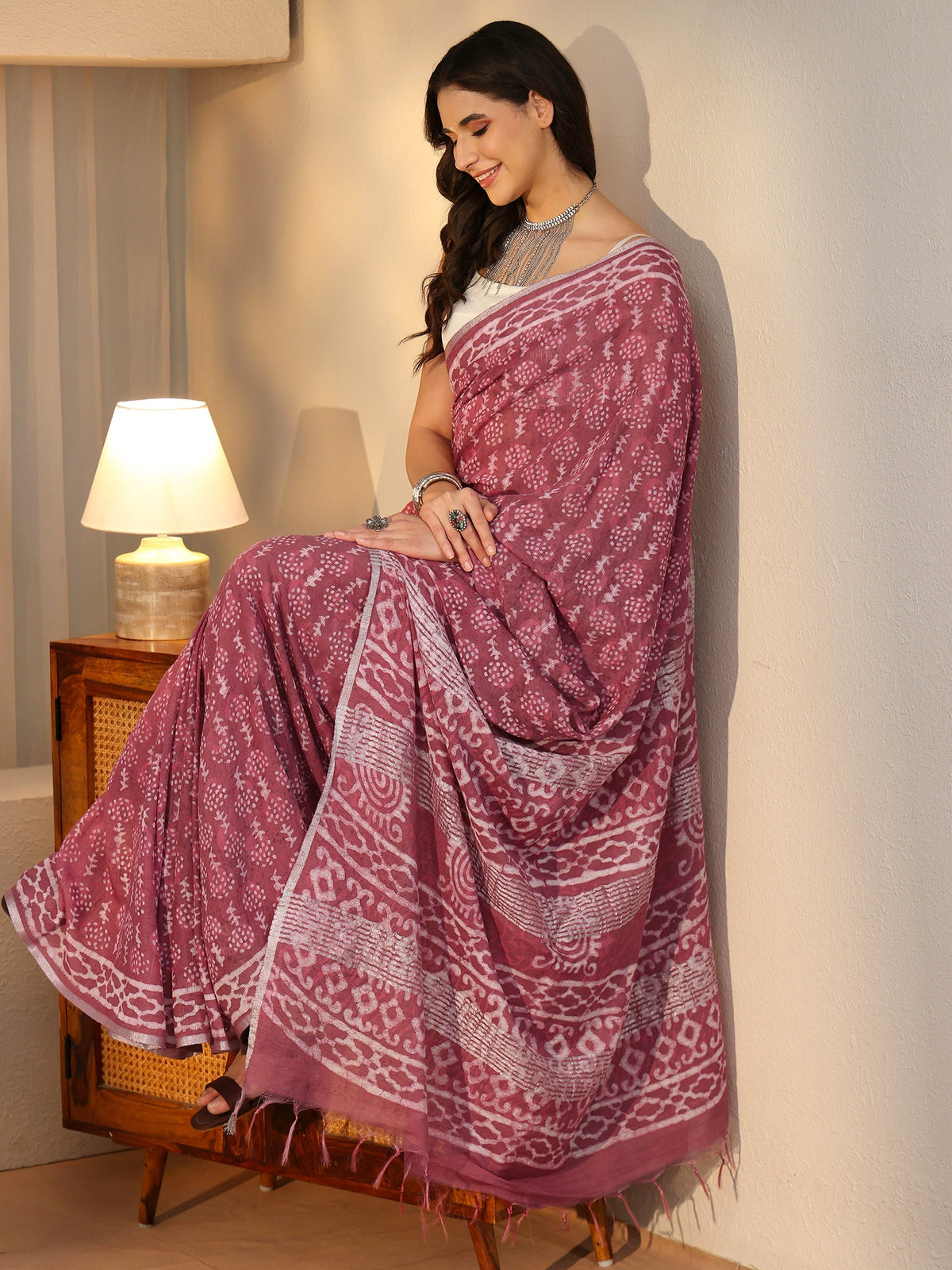 Anouk Dusty Rose Pink Dabu Print Cotton Saree