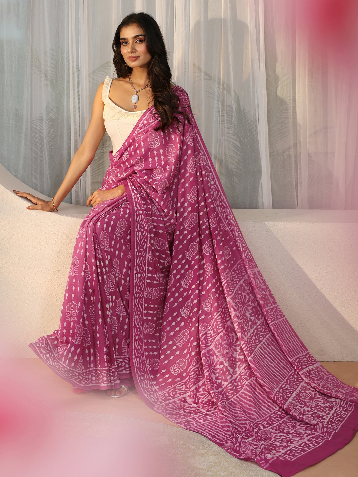 Anouk Dusty Rose Pink Dabu Print Cotton Saree