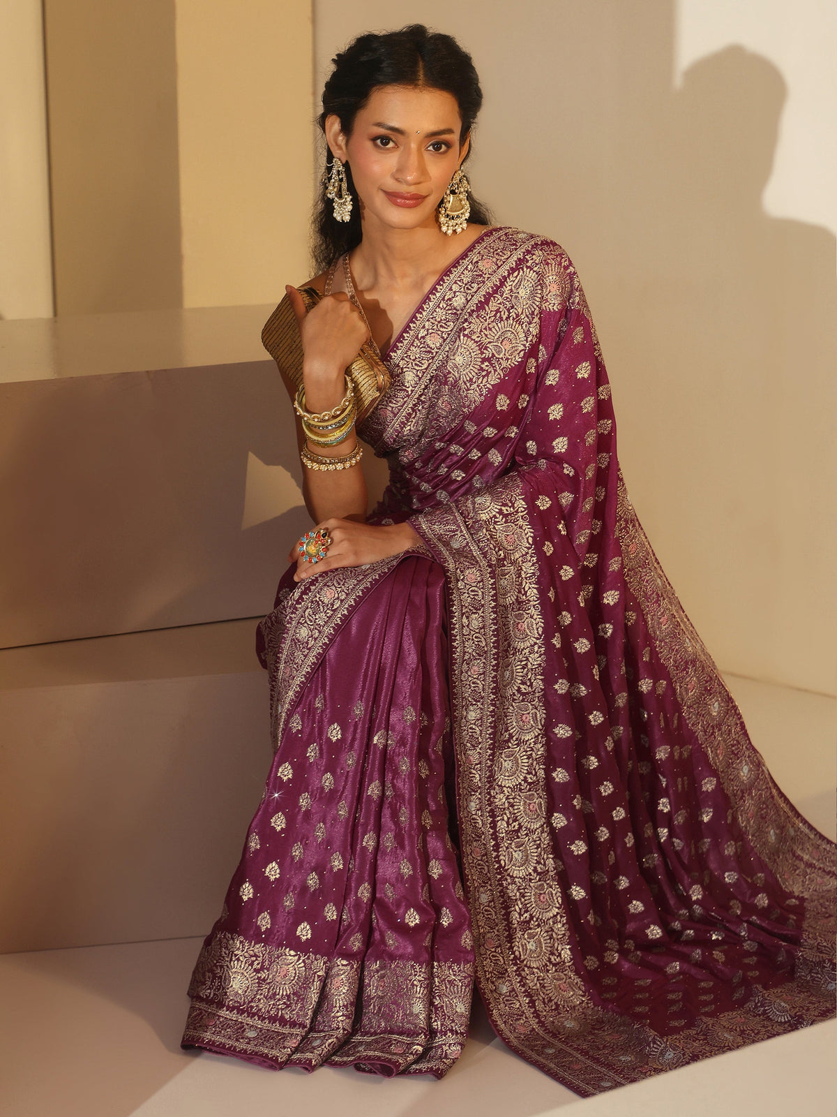 Anouk Dusty Rose Pink Embroidered Satin Saree