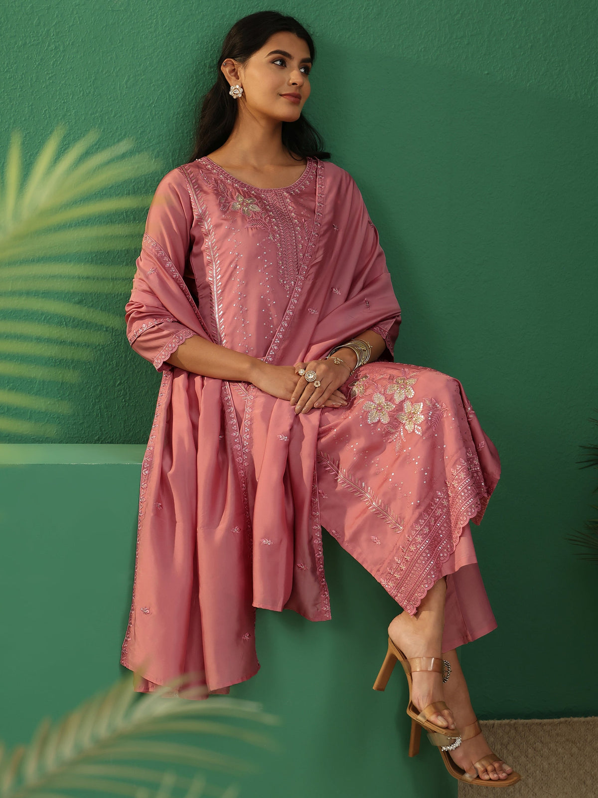 Anouk Dusty Rose Pink Floral Embroidered Organza Straight Suit Set
