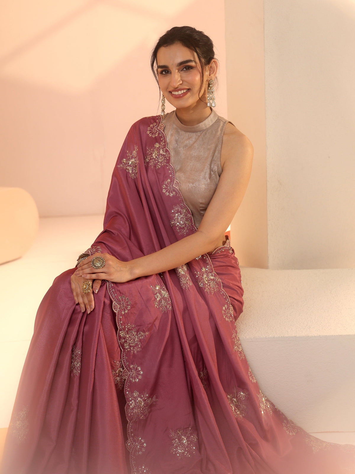 Anouk Dusty Rose Pink Floral Embroidered Silk Blend Saree