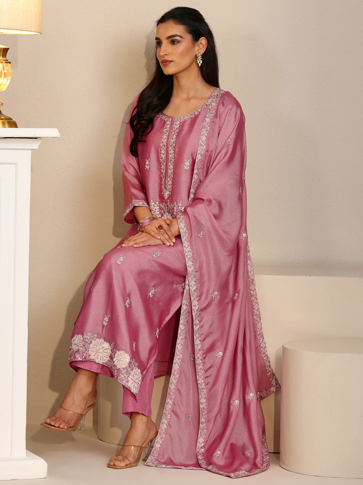 Anouk Dusty Rose Pink Floral Embroidered Silk Blend Straight Suit Set