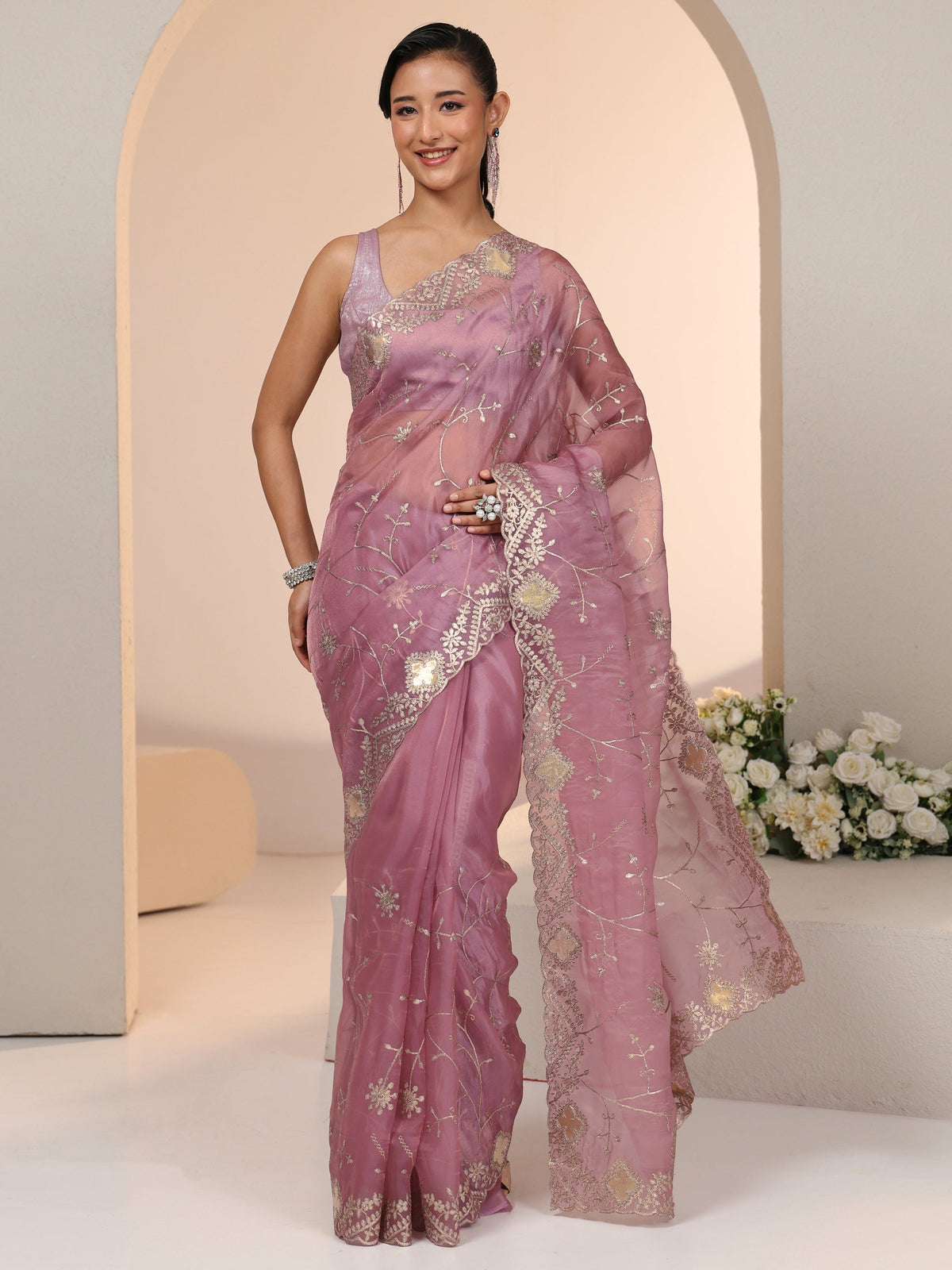 Anouk Dusty Rose Pink Floral Embroidered Tissue Saree