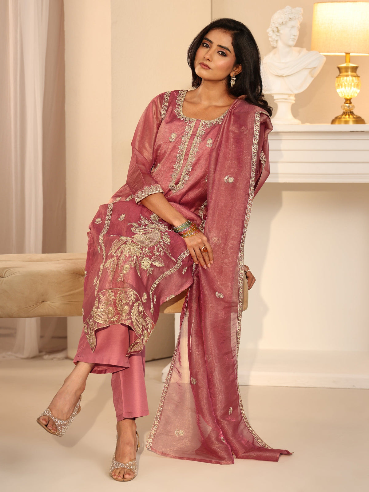 Anouk Dusty Rose Pink Paisley Embroidered Tissue Straight Suit Set