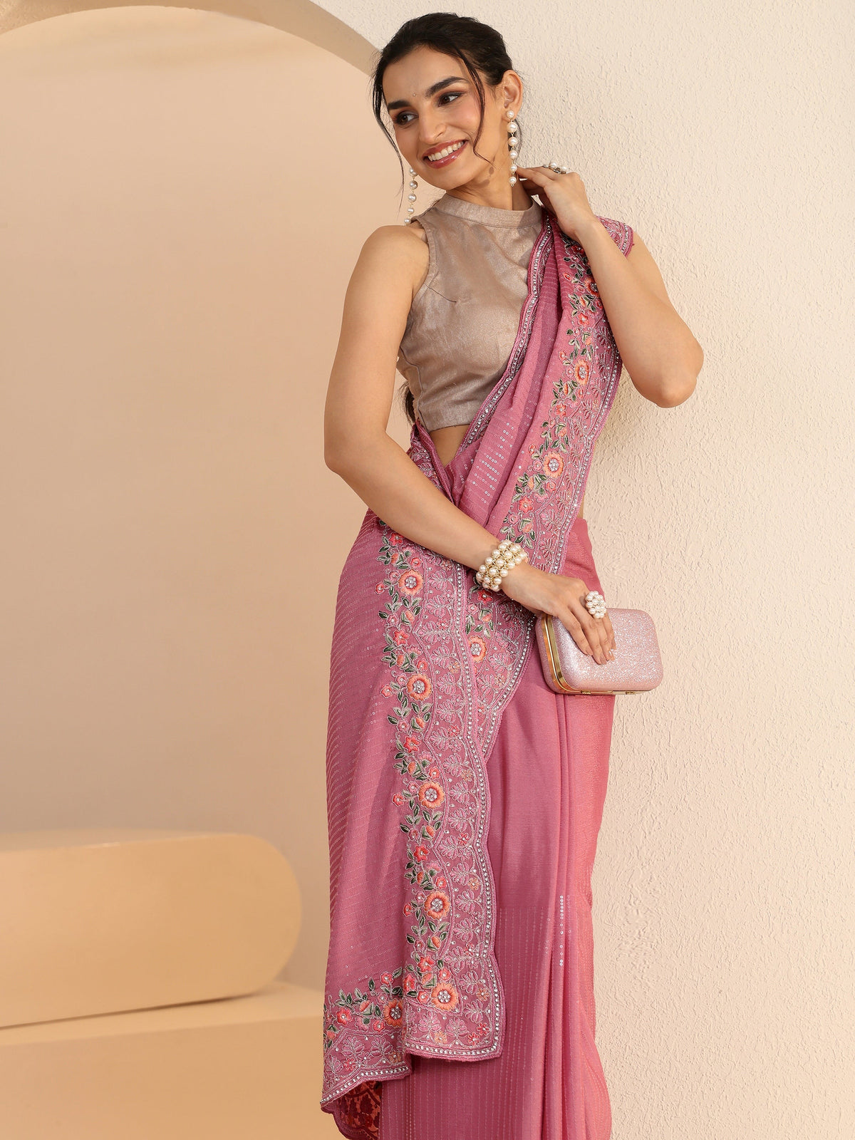 Anouk Dusty Rose Pink Sequin Embellished Chiffon Saree with Floral Border
