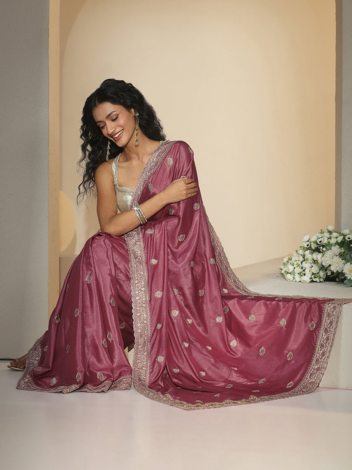 Anouk Dusty Rose Pink Zari Embroidered Silk Blend Saree