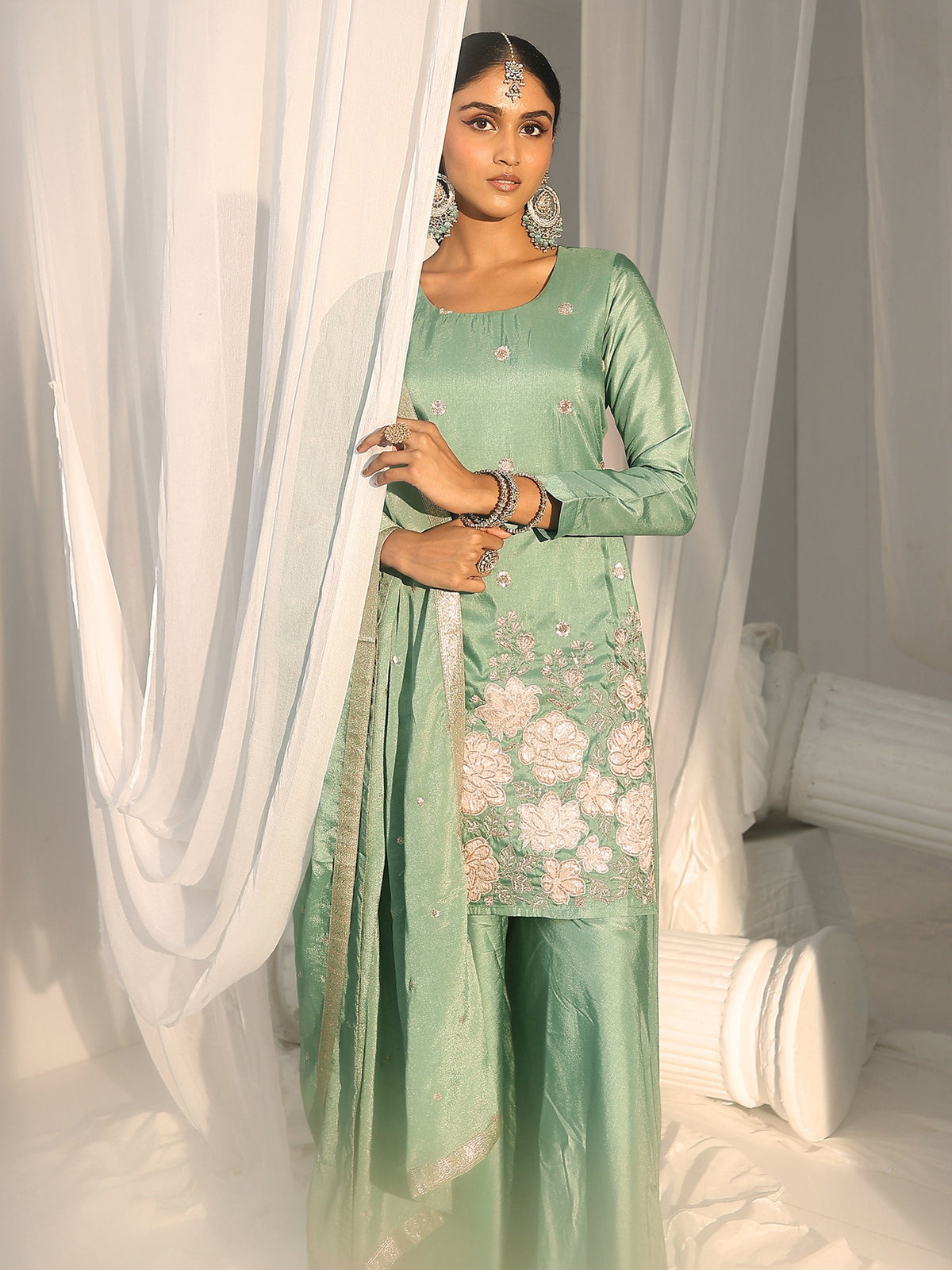Anouk Dusty Sea Green Floral Embellished Silk Blend Palazzo Suit Set