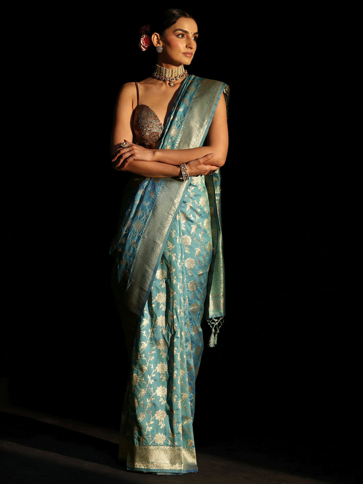 Anouk Dusty Sky Blue Banarasi Silk Blend Saree