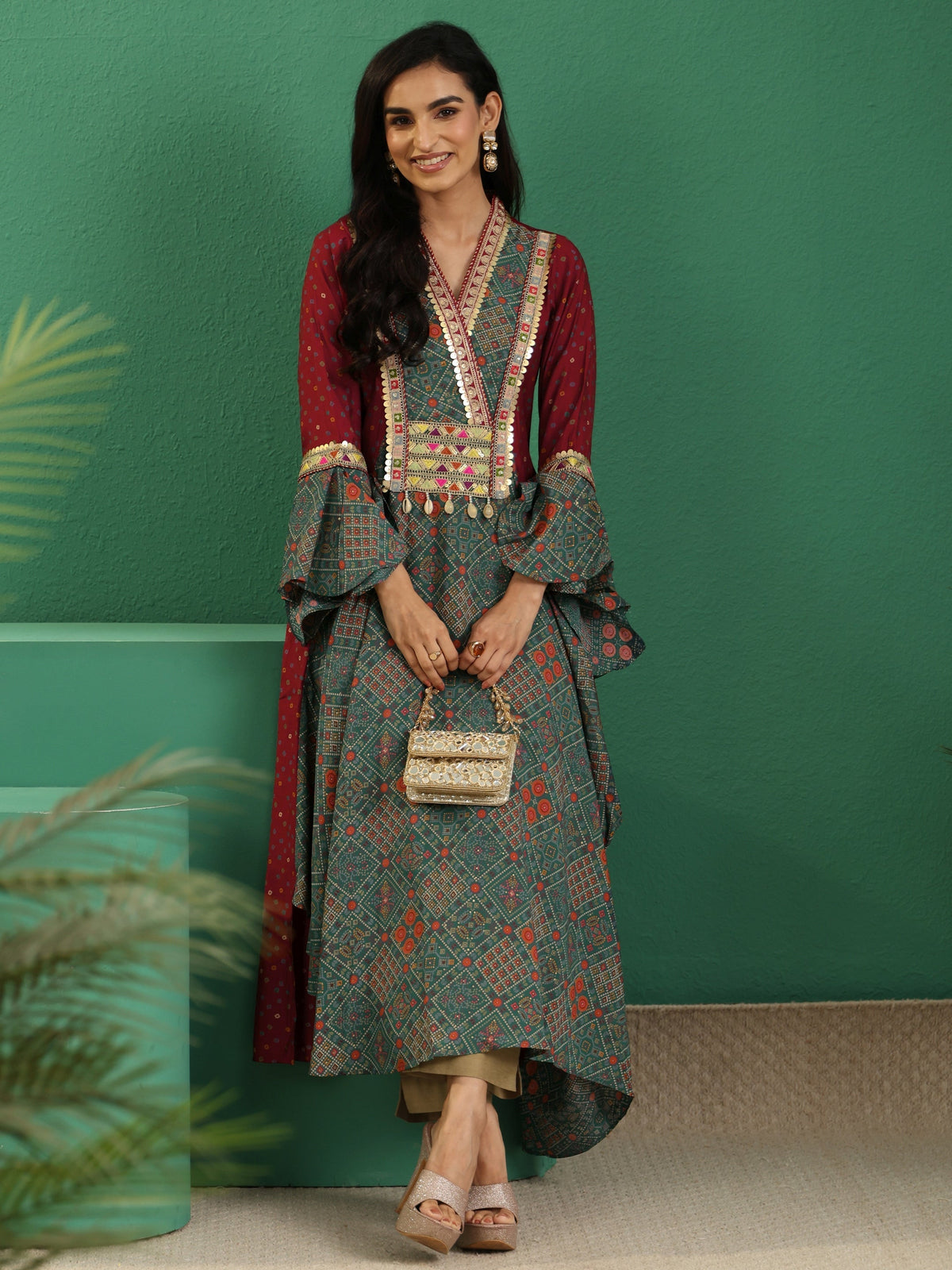 Anouk Dusty Teal Blue Bandhani Silk Blend Cowl Style Kurta