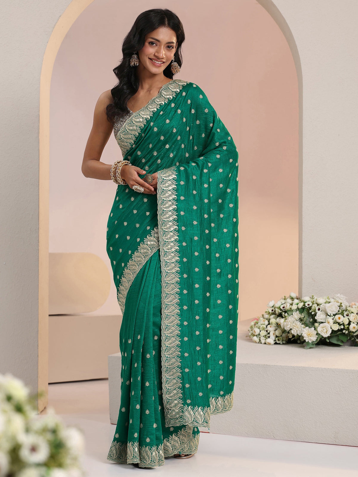 Anouk Emerald Green Embroidered Silk Blend Saree