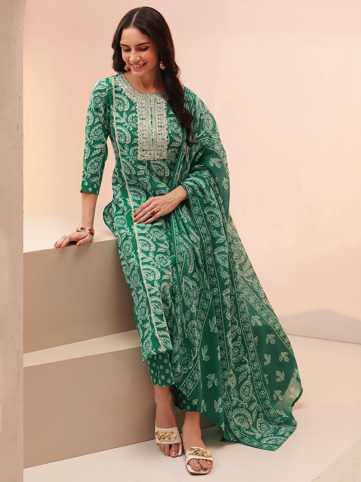 Anouk Emerald Green Printed Cotton Straight Suit Set