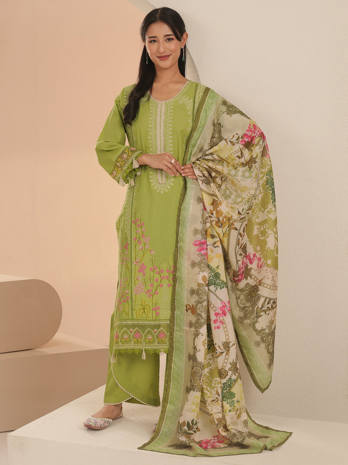 Anouk Fern Green Floral Embridered Cotton Straight Suit Set