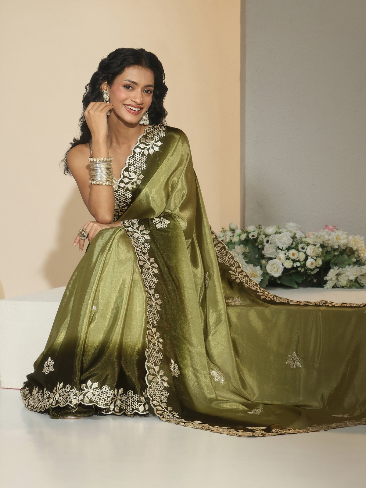 Anouk Forest Green Floral Embroidered Ombre Silk Blend Saree