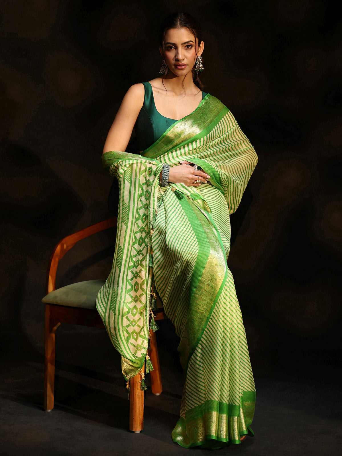 Anouk Forest Green Striped Chiffon Saree with Paisley Border