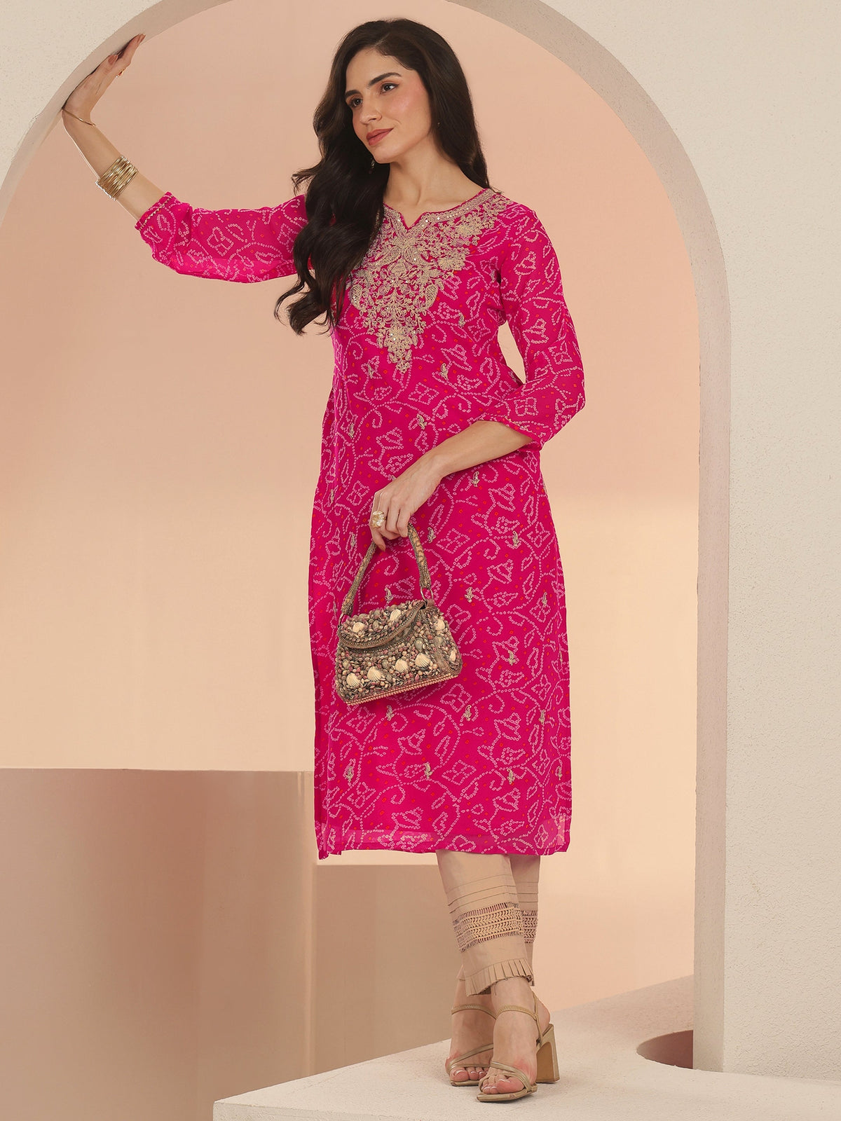 Anouk Fuchsia Pink Bandhani Printed Chiffon Straight Kurta