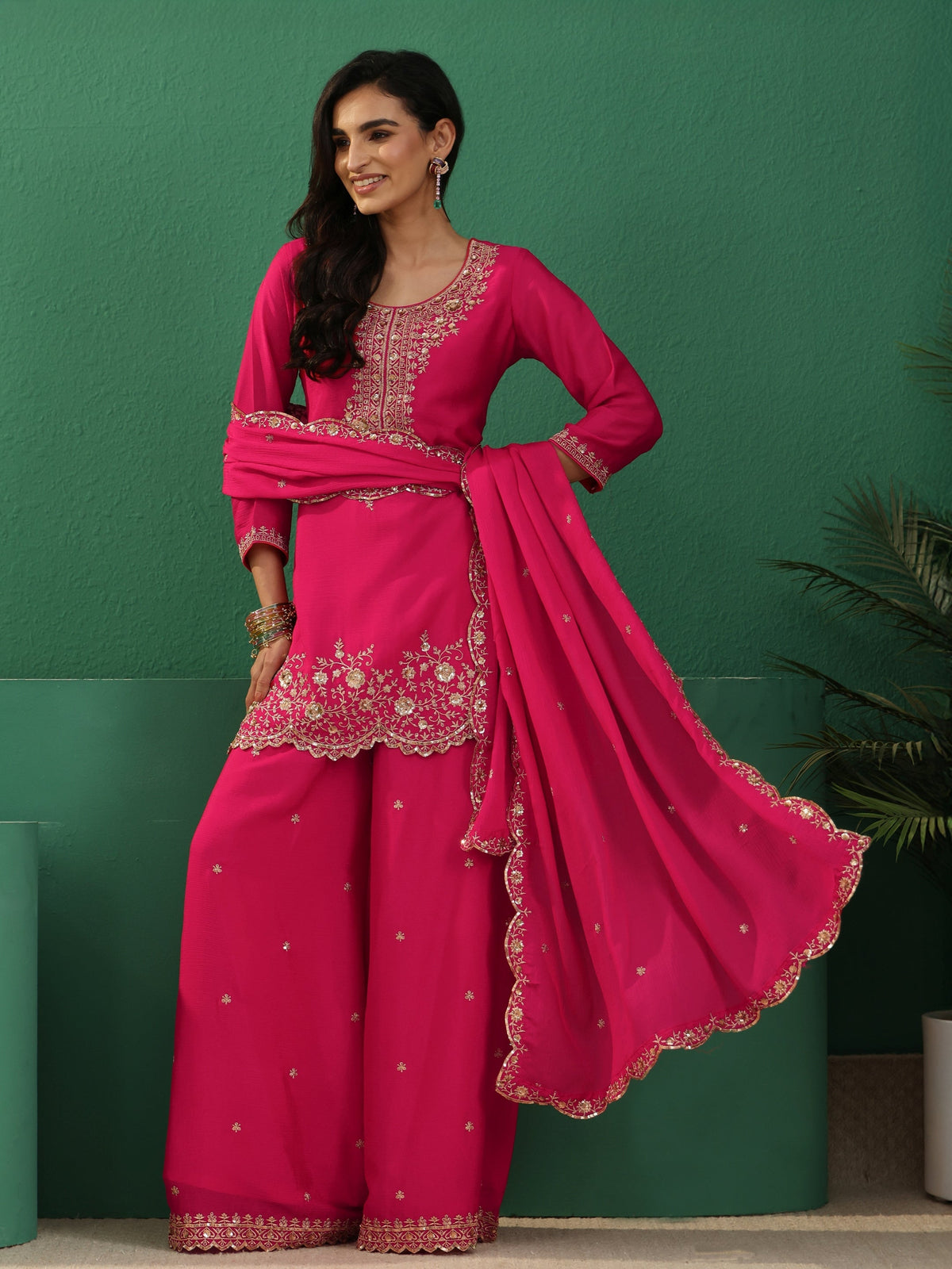 Anouk Fuchsia Pink Floral Embellished Chinon Palazzo Suit Set
