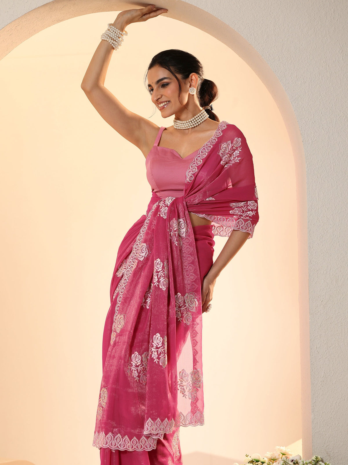 Anouk Fuchsia Pink Floral Embroidered Chiffon Saree