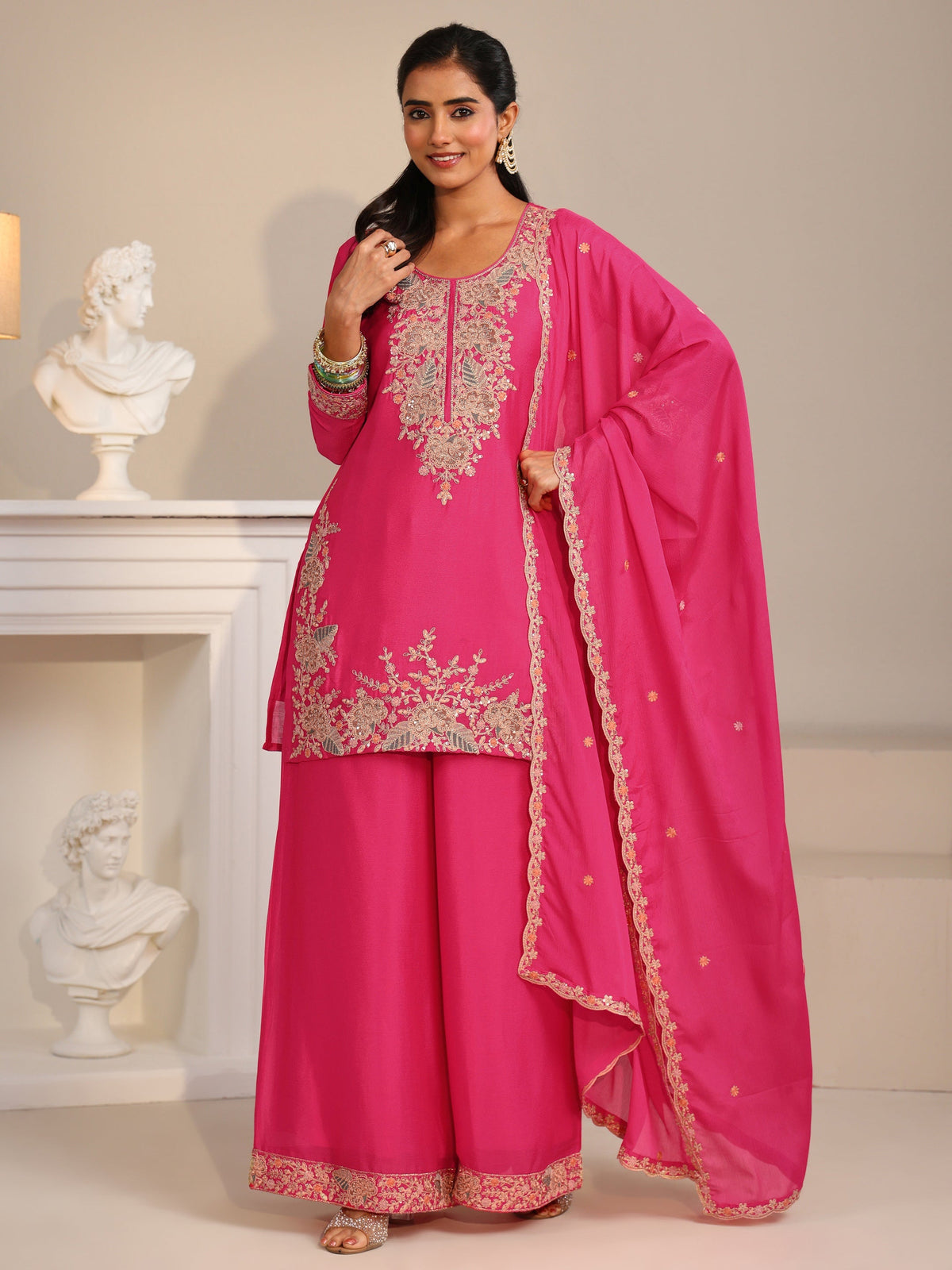 Anouk Fuchsia Pink Floral Embroidered Chinon Straight Suit Set