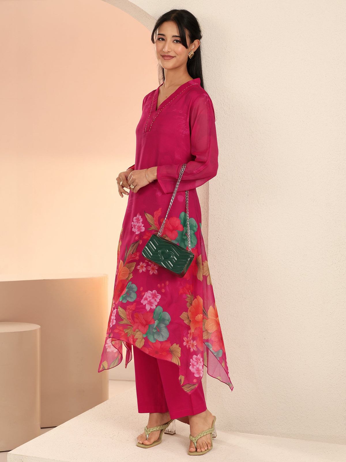 Anouk Fuchsia Pink Floral Printed Chiffon High Low Kurta Set