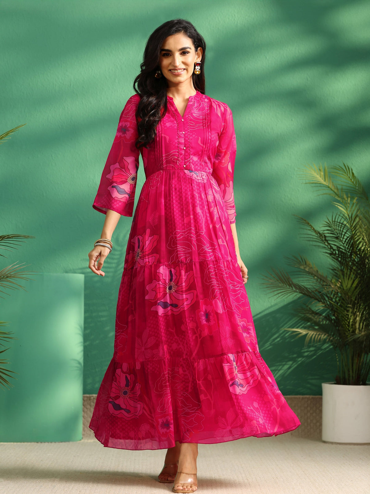 Anouk Fuchsia Pink Floral Printed Chiffon Tiered Dress