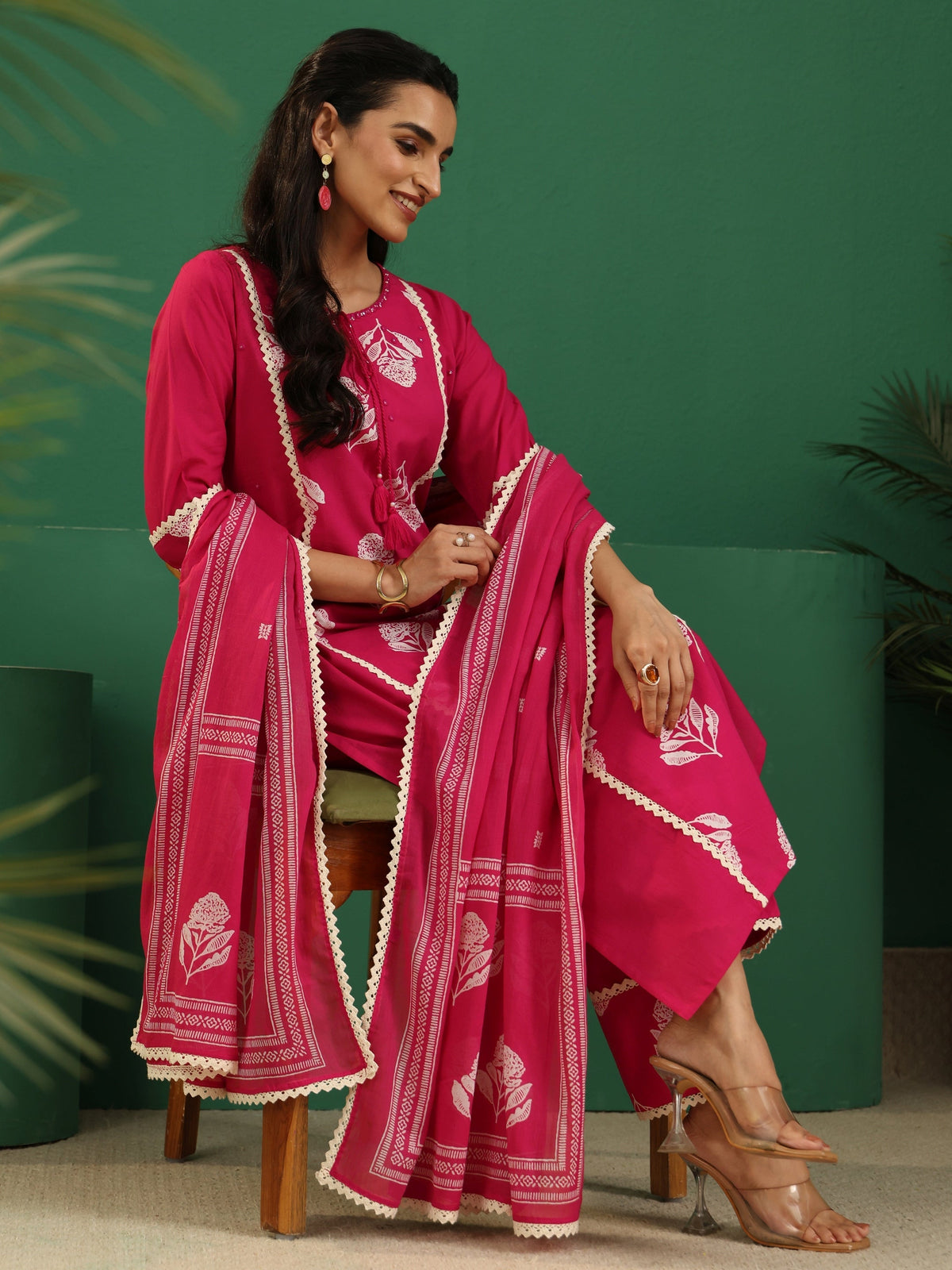 Anouk Fuchsia Pink Floral Printed Cotton Straight Suit Set