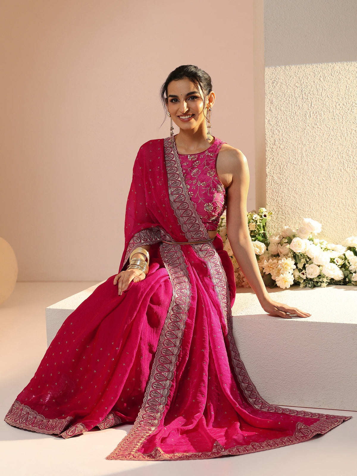 Anouk Fuchsia Pink Stone Work Striped Embellished Tissue Saree