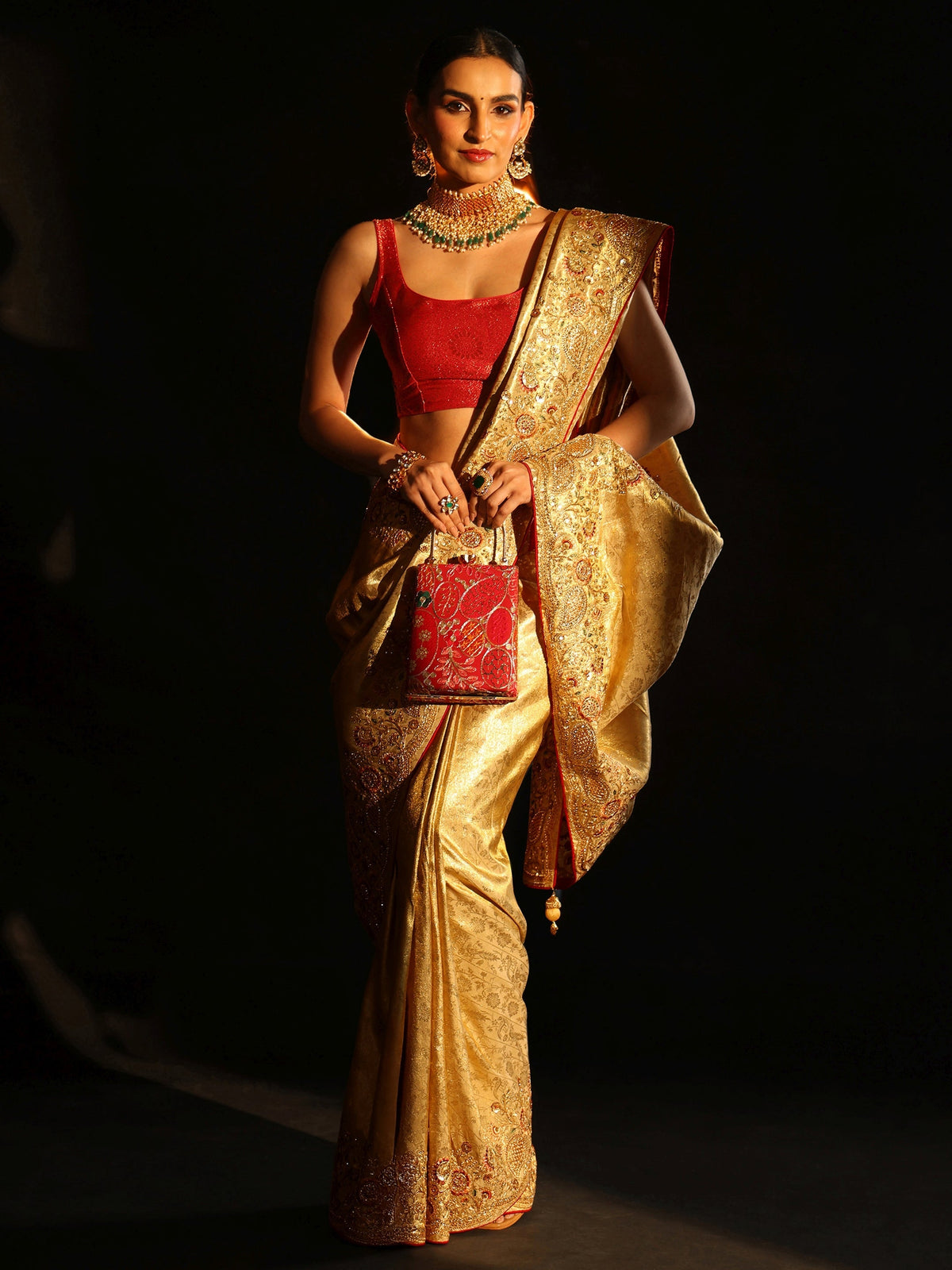 Anouk Gold Woven Design Satin Saree with Embellished Border
