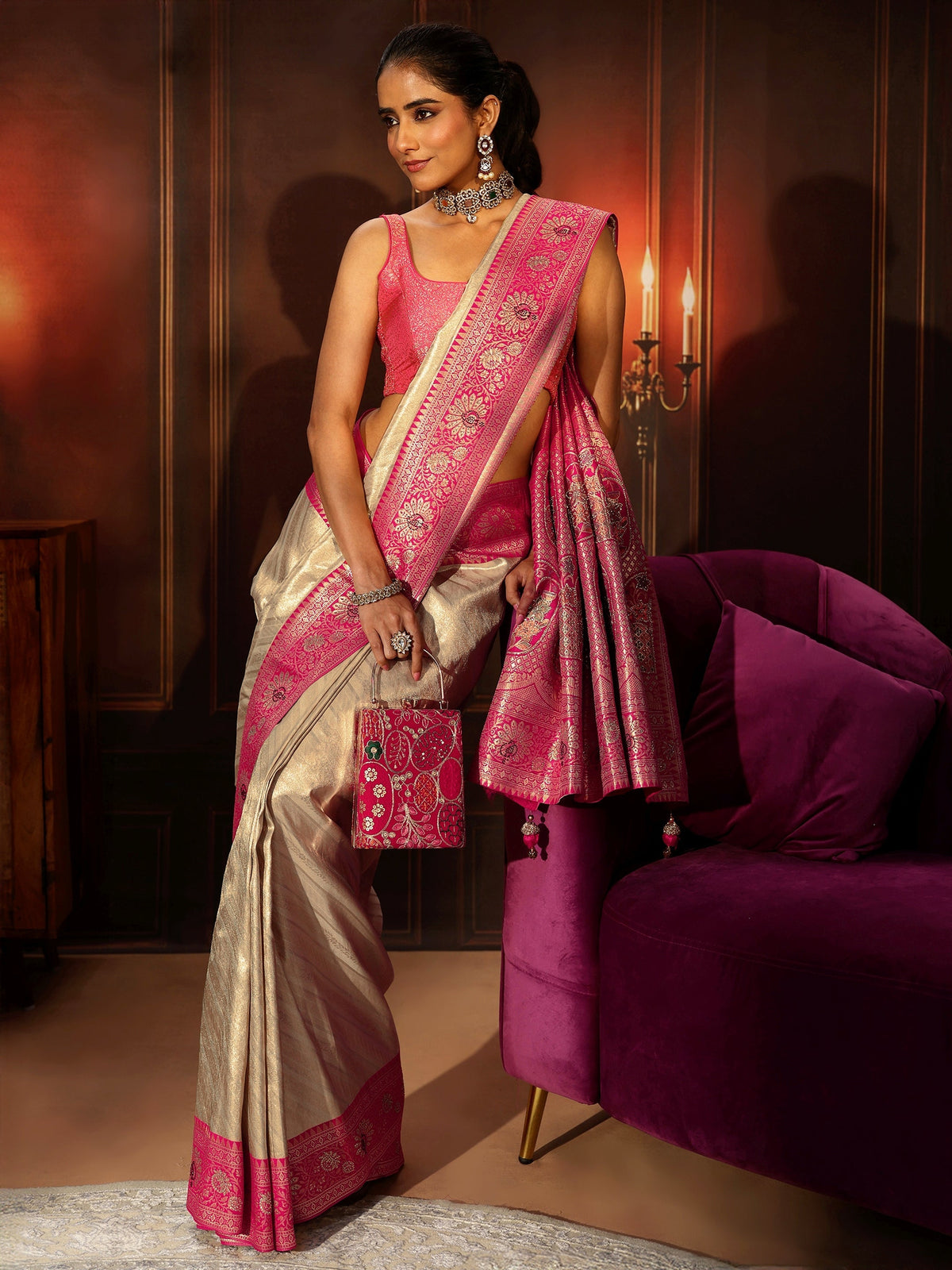 Anouk Golden Banarasi Silk Blend Saree with Embellished Pallu