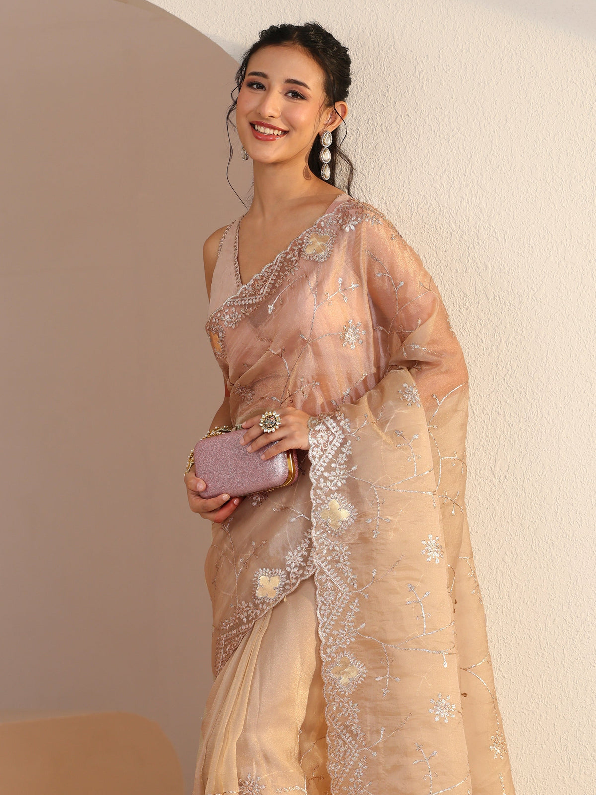 Anouk Golden Floral Embroidered Tissue Saree