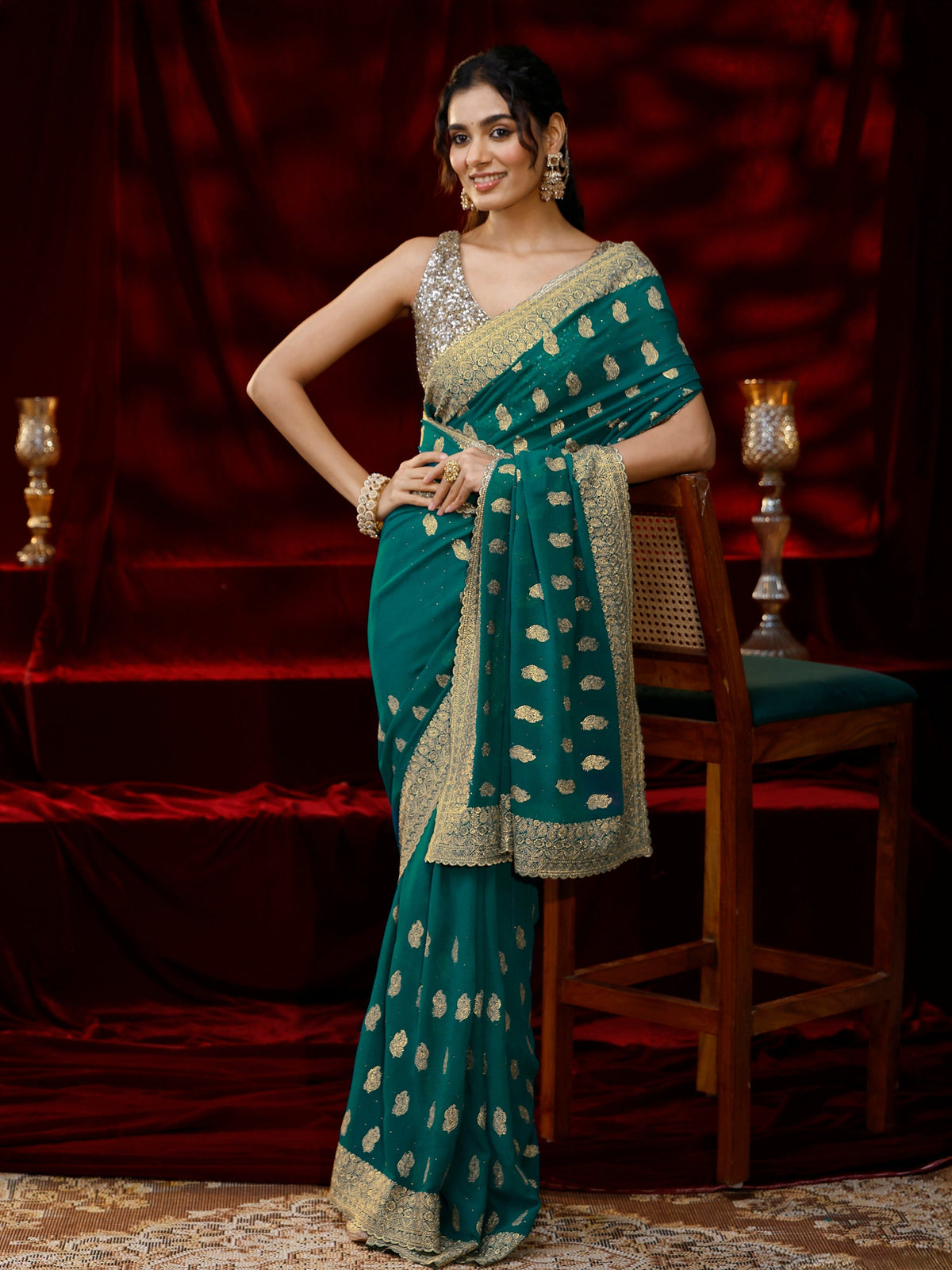 Anouk Green Embroidered Georgette Saree